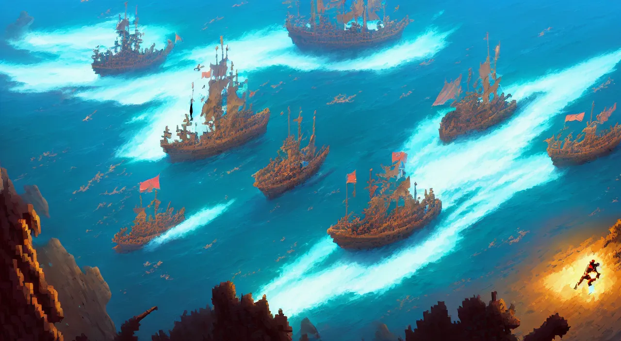 Image similar to Pixelart of a medieval battles in the sea, volumetric lighting, digital pixel art, pixiv, official fanart behance hd by Jesper Ejsing, by RHADS, Makoto Shinkai and Lois van baarle, ilya kuvshinov, rossdraws global illumination