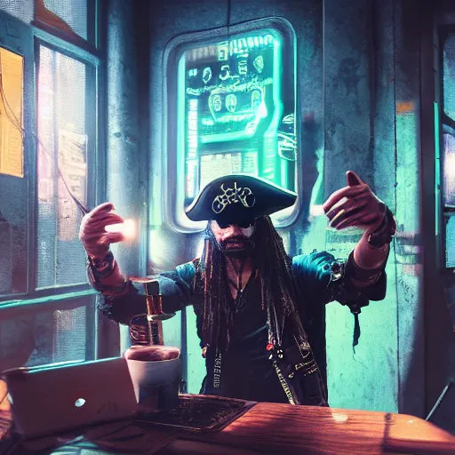 Image similar to high quality portrait of a pirate with four arms in a cyberpunk cyberpunk cyberpunk cafe, realism, 8k, award winning photo