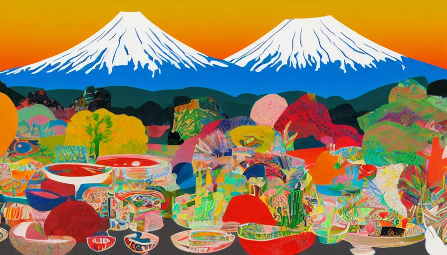 Image similar to award winning graphic design poster, cutouts constructing an contemporary art depicting a lone mount fuji in the distance behind a mountain range isolated on white, a ramen bowl full of rural splendor, bountiful crafts, local foods, edgy and eccentric abstract cubist realism, composition confined and isolated on white, mixed media painting by Leslie David and Lisa Frank for juxtapose magazine