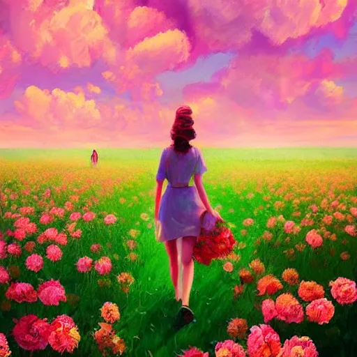 Image similar to giant rose as a head, girl walking in a flower field, surreal photography, sunrise dramatic light, impressionist painting, colorful clouds, digital painting, artstation, simon stalenhag