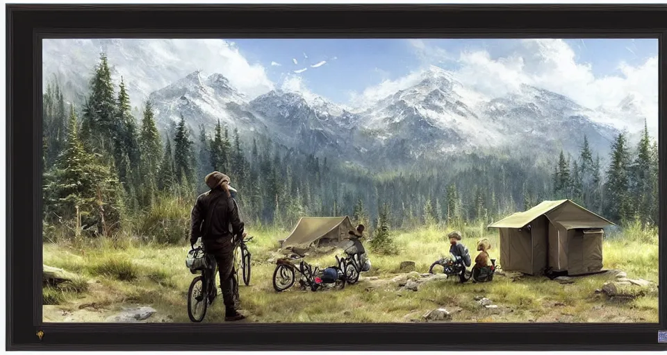 Image similar to cabela's beautiful comfortable carbon framed, military grade, modular insulated wall portable container home kit - house all weather family dwelling tent house, person in foreground, mountainous forested wilderness open fields, beautiful views, painterly concept art, environmental concept art, concept art illustration, by james gurney, by craig mullins, by greg rutkowski trending on artstation