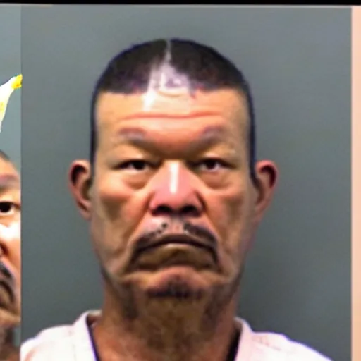 Image similar to inmate with chicken head, mugshot in a police station