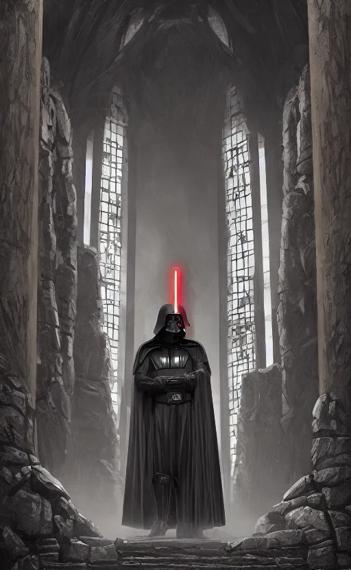 Prompt: « darth bane in an ancient sith temple stylized as a catholic church, bane sith, very realistic, trending on artstation »