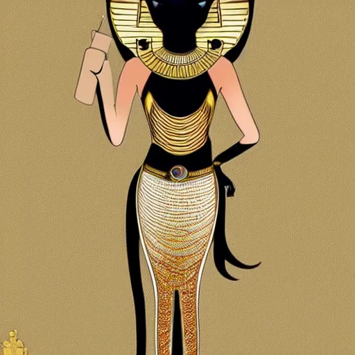 Image similar to egyptian, anthropomorphic cat woman, stylish, with gold elements, model elegant