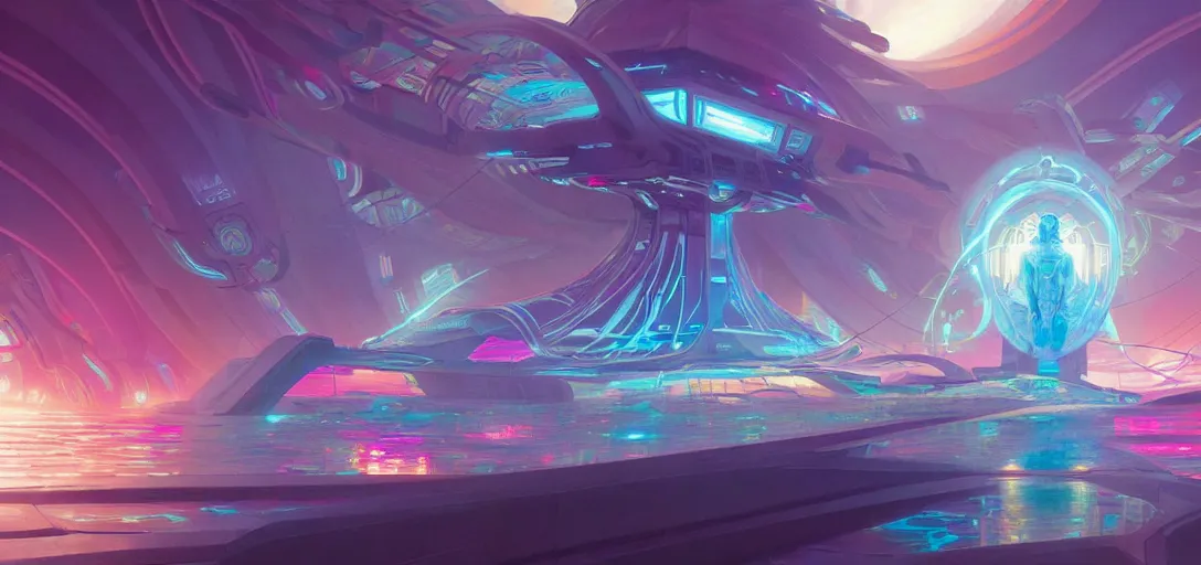 Image similar to a floating temple of androids, channeling swirling energy, wearing netrunner clothing, vaporwave aesthetic, colorful, psychedelic, digital painting, artstation, concept art, smooth, sharp focus, illustration, art by artgerm and greg rutkowski and alphonse mucha