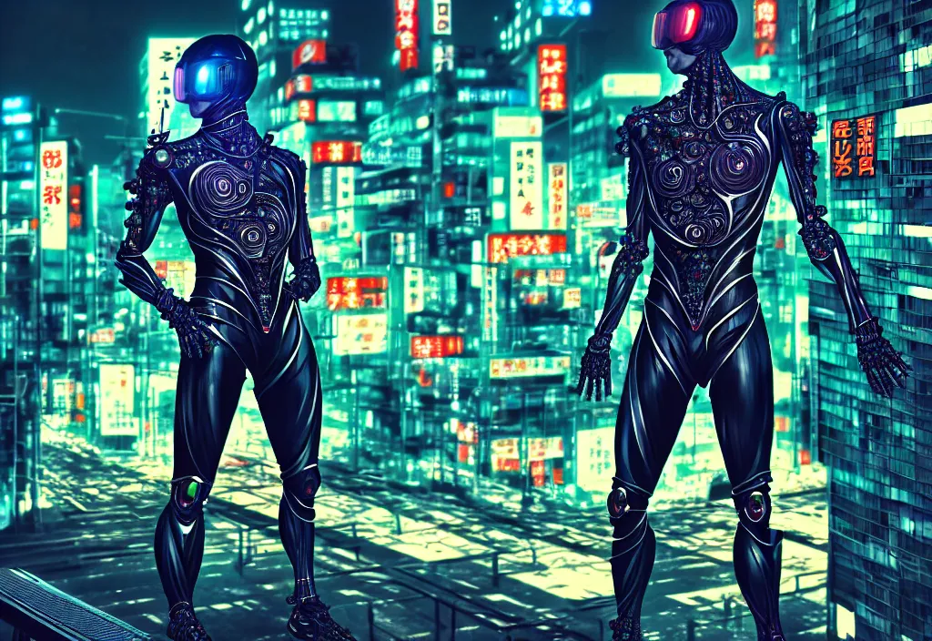 Image similar to kamen rider action pose, human structure concept art, human anatomy, full body hero, intricate detail, hyperrealistic art and illustration by irakli nadar and wlop and alexandre ferra, global illumination, blurry and sharp focus, on tokyo cyberpunk night rooftop, frostbite engine