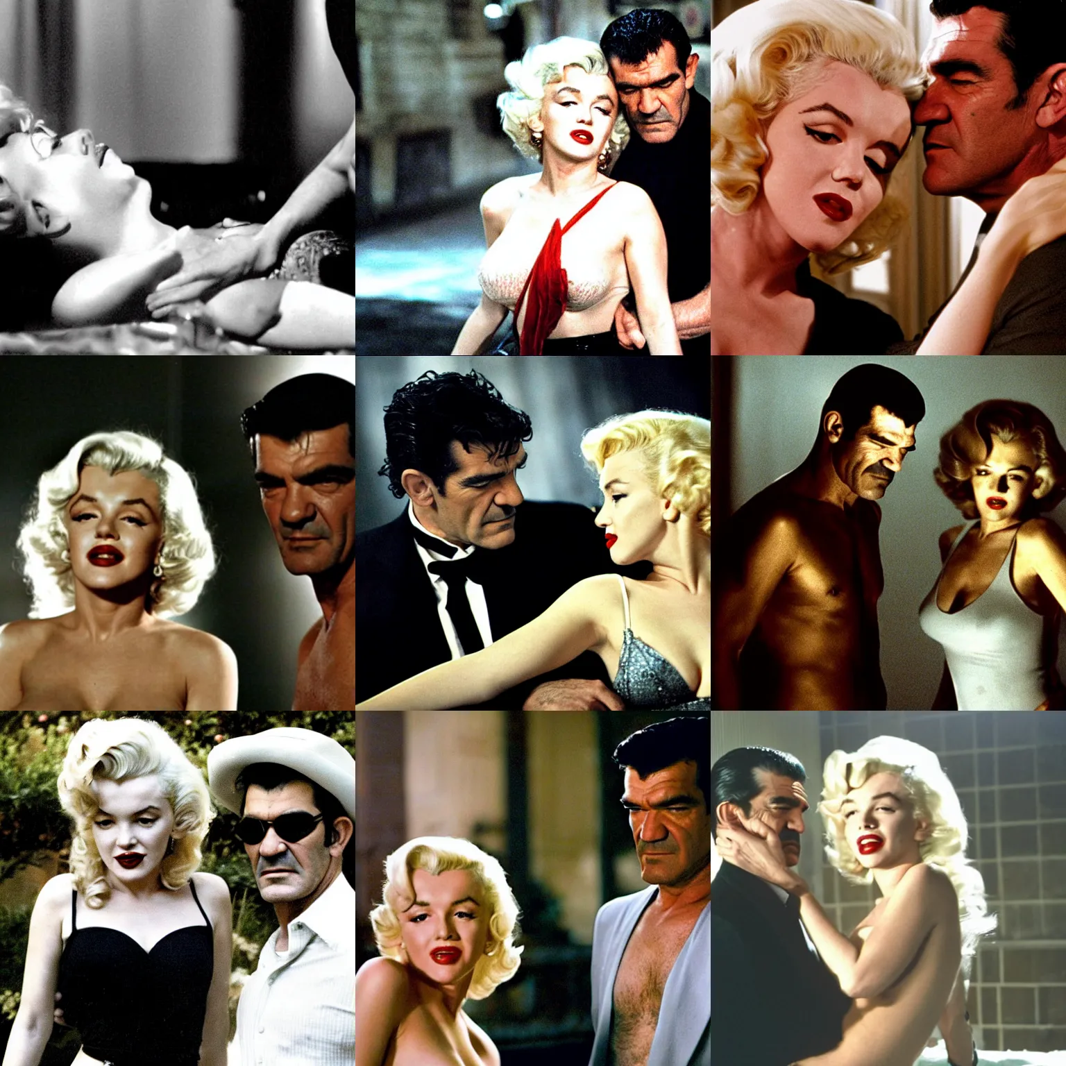 Prompt: Still of Marilyn Monroe and Antonio Banderas in the film Fenme Fatale by Brian de Palma (2003)