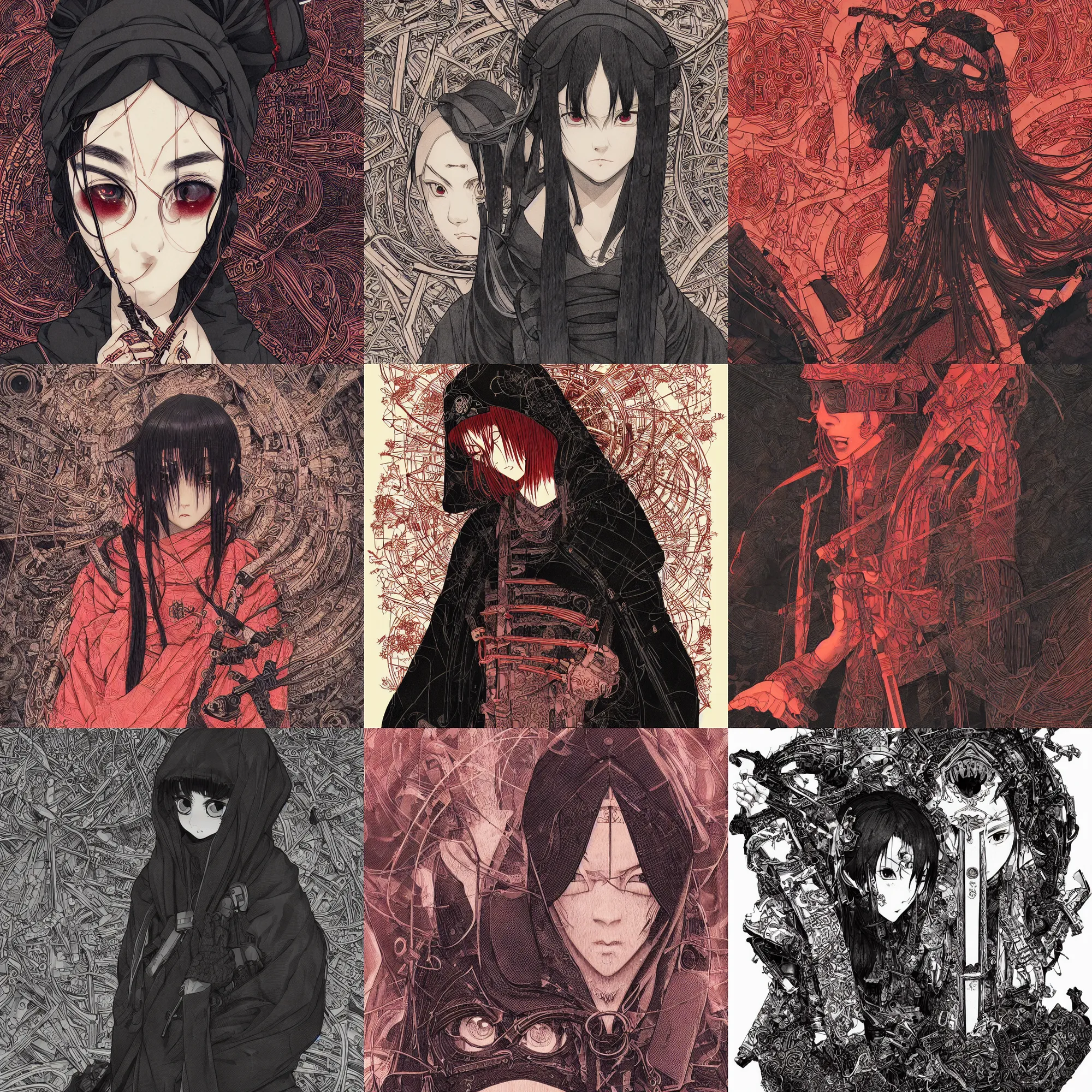 Prompt: techwear occultist, torii, shrine, inari shrine, miko, beautiful, detailed symmetrical close up portrait, intricate complexity, in the style of kyoto animation key visuals and takato yamamoto, artgerm, cel shaded