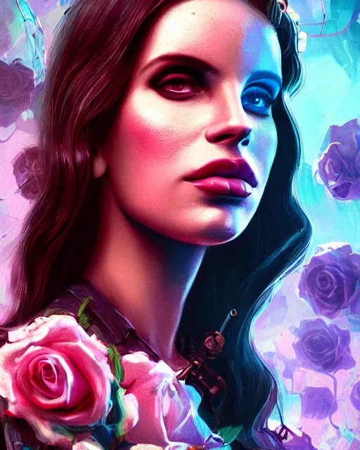 Image similar to portrait of lana del rey as a cyberpunk cyborg. roses sci - fi intricate abstract upper body intricate artwork, roses, rose petals, by tooth wu, wlop, beeple, dan mumford. concept art, octane render, deviantart, greg rutkowski, cinematic arthouse, key art, hyper realism, iridescent accents