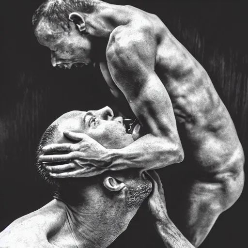 Prompt: a man climbing out of the mouth of a kneeling man very cinematic surrealist exquisite award winning detail dark horror anxiety grotesque body horror weird uneven unrealistic proportions dark creepy