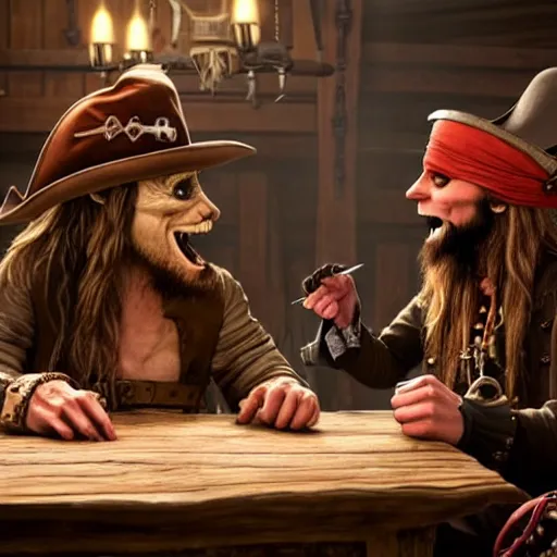 Image similar to a goblin with a large nose and a pirate with a bandana negotiating a contract with Jared Leto in a Western saloon. Realism