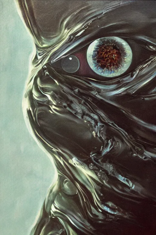 Image similar to oil painting, close-up, hight detailed, film photography of film photography of film photography of melting creature looking at film photography, in style of 80s sci-fi art