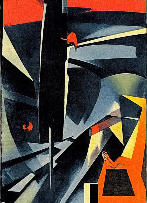 Prompt: 1920s art deco by Tito Corbella, moody, a lonely figure enshrouded in a surrealist representation of quick frenzied motion blur of movement, abstract, 70s Sci-Fi art by Jack Gaughan, by Igor Scherbakov by Anthony Cudahy, vintage postcard illustration, cover by Mitchell Hooks