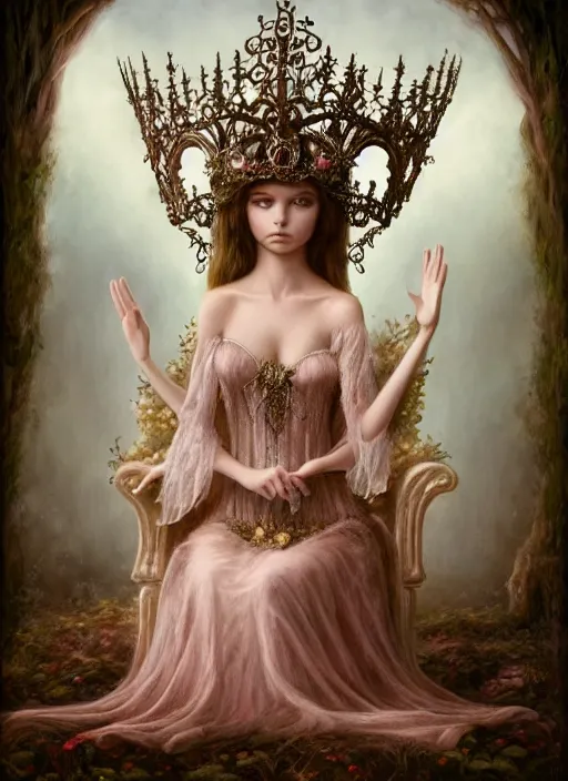 Image similar to highly detailed closeup, simple hand gestures, portrait of a gothic fairy princess wearing a crown and sitting on a throne, unreal engine, nicoletta ceccoli, mark ryden, earl norem, lostfish, global illumination, god rays, detailed and intricate environment