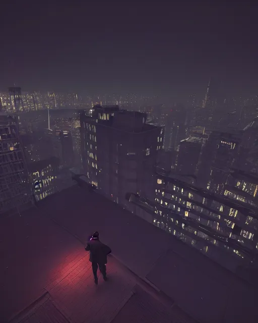 Image similar to a night rooftop scene by Liam Wong, close up shot of a photorealistic gangster wearing a trench coat looking at the city below, dark mood, octane render, unreal engine 5, 4K