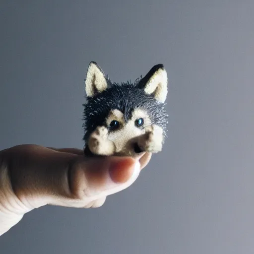 Prompt: photo of a tiny pet wolf in the palm of a hand