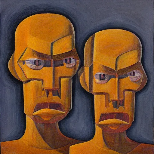 Image similar to three brutalist giant sacred robots visage, portrait, dictator, cathedral, dystopian, pj crook, edward hopper, oil on canvas