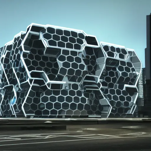 Image similar to a flat building existing of hexagons from the movie tron : legacy