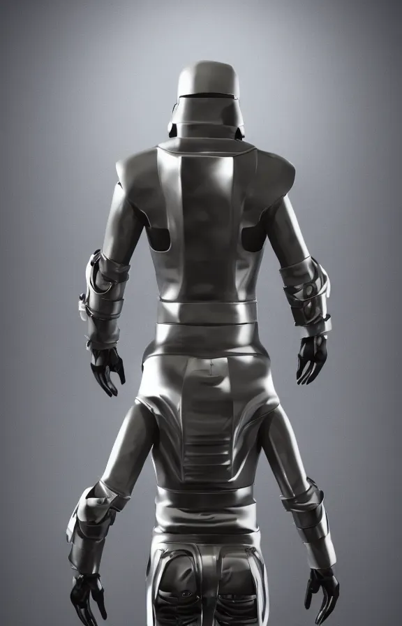 Prompt: futuristic warrior with latex and steel details, with his back to the viewer, futuristic space suite, back light, full body view, 8 k, 3 d render, cinematic lighting