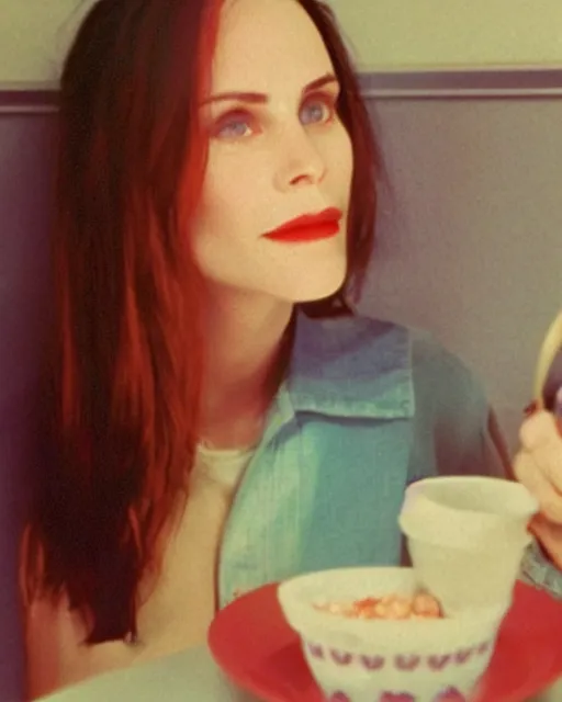 Prompt: 2 0 years old courtney cox eating cereal in her boyfriend's shirt, redshift, colour shift, wide shot, coloured polaroid photograph, pastel, kodak film, hyper real, stunning moody cinematography, by maripol, fallen angels by wong kar - wai, style of suspiria and neon demon, david hockney, detailed, oil on canvas