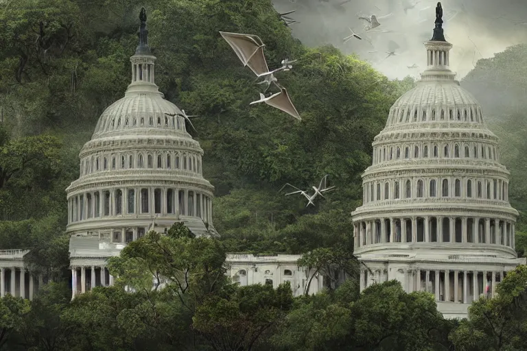 Prompt: an epic landscape view of vines and moss growing on the dome of the us capitol building, jungle, with pterosaurs flying, close - up, low angle, wide angle, atmospheric, volumetric lighting, cinematic, very realistic, sharp, highly detailed digital art, painted by tyler edlin