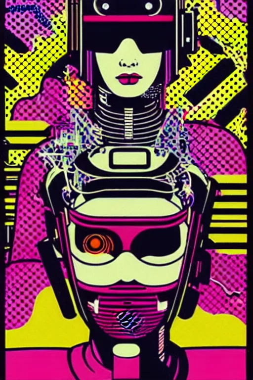 Image similar to futuristic japanese cyberpunk by roy lichtenstein, by andy warhol, ben - day dots, pop art, bladerunner, pixiv contest winner, cyberpunk style, cyberpunk color scheme, mechanical, high resolution, hd, intricate detail, fine detail, 8 k