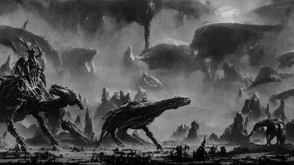 Prompt: surreal eerie alien planet empire, an alien army on a horse like creatures by frank frazetta and bruce pennington, cinematic matte painting