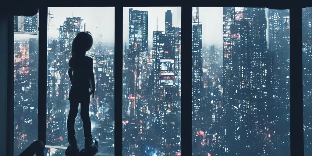 Image similar to overlooking on night city cyberpunk from floor to ceiling window, little girl, beautiful hair at the back, looking out the window, liminal, cinematic, dreamscape