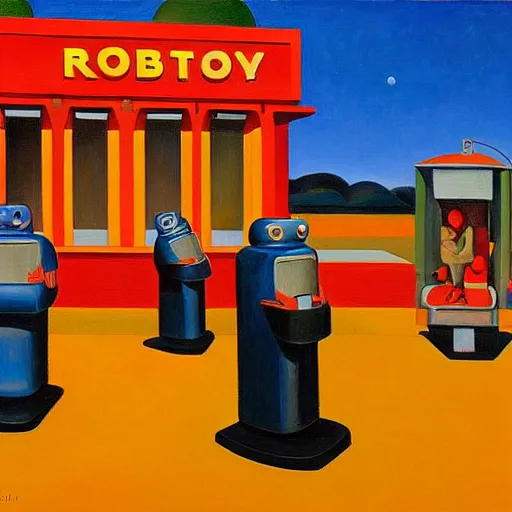 Image similar to robots queue up for ice cream, grant wood,! pj crook!,! edward hopper!, oil on canvas