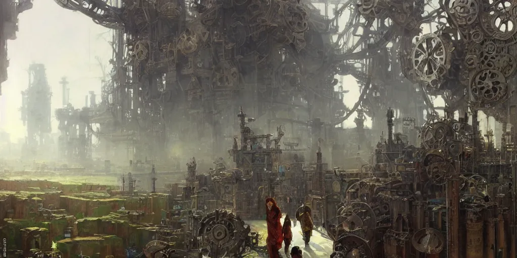 Image similar to giant gears floating in nothingness, clockwork, giant mechanisms, industry, steampunk villages castles, buildings vista artstation illustration sharp focus sunlit vista painted by ruan jia raymond swanland lawrence alma tadema zdzislaw beksinski norman rockwell tom lovell alex malveda greg staples