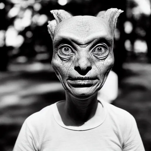 Prompt: portrait of alien beings, 85mm, by Diane Arbus, black and white, bokeh, lomography