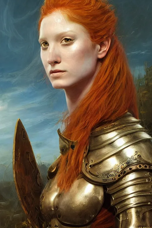 Prompt: beautiful female warrior, half body portrait, ginger hair, ornate armour, realistic oil painting by Thomas Cole and Wayne Barlowe