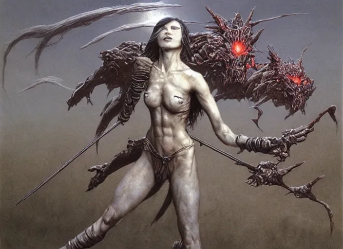 Prompt: ninja girl fighting monsters by Beksinski and Luis Royo