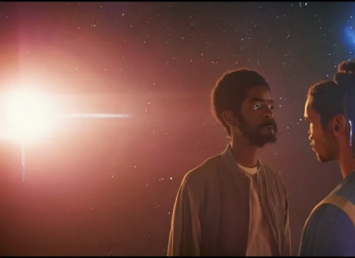 Image similar to first official image from paul thomas anderson's new space opera film starring lakeith stanfield and grimes. shot on alexa mini, stunning cinematography, filmgrain, kodak vision 2 0 0 t, shot composition