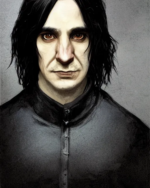 Image similar to portrait of a 3 2 - year - old man wearing black clothes, snape severus, with black, greasy, mid - length hair, hooked nose, dark brown eyes, yellow uneven teeth, hyper realistic face, beautiful eyes, fantasy art, in the style of greg rutkowski, intricate, hyper detailed, smooth