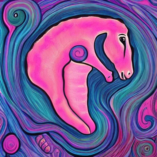 Prompt: a painting irradiated horse head in the style of Jeff Christensen, deep sea creatures, pastel pink background