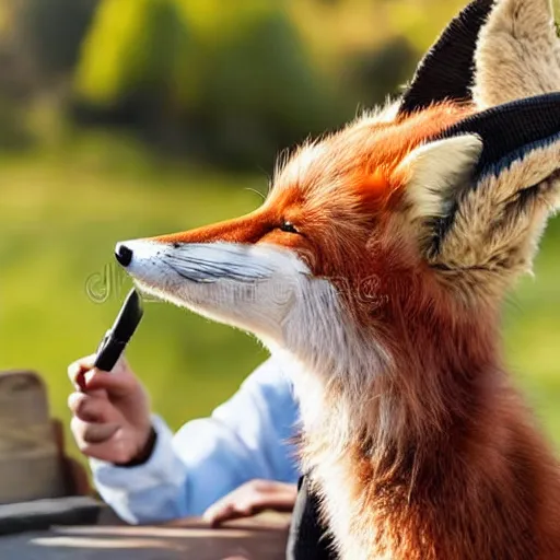 Image similar to a polygamous fox with a hat drinking beer and smoking e - cigarette, stock photo