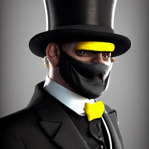 Image similar to a highly detailed portrait of a man in a high top hat covering his face, in a black tailcoat with a yellow waistcoat under the tailcoat, artstation, deviantart, professional, unreal engine 5, photorealistic