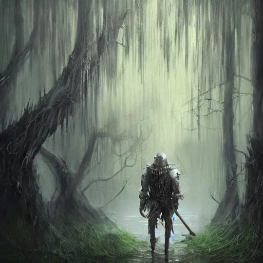 Image similar to concept art of a ragged looking knight walking through a swamp, foggy, weeping trees, torch in hand, high detail, trending on artstation, masterpiece, fantasy, high resolution, focus