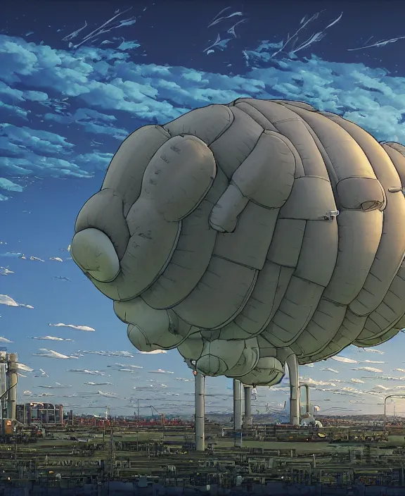 Image similar to inflated industrial plant made from obese isopod mollusk octopus, in the style of puffy spaceship, giant botany, partly cloudy, spooky, dramatic lighting, by geof darrow, bill sienkiewicz, dan mumford, yusuke murata, makoto shinkai, ross tran, cinematic, unreal engine, cel shaded, featured on artstation, pixiv