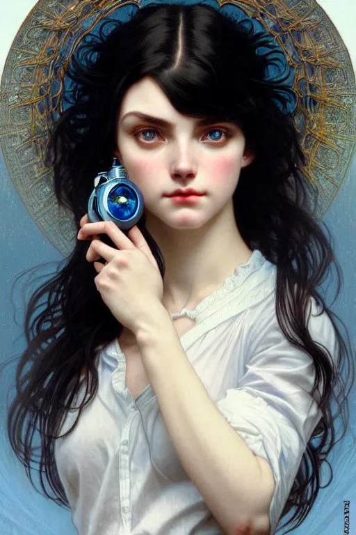 Image similar to ultra realistic, Beautiful black haired woman, Porcelain white complexion, big blue eyes, cute small lips., wearing jeans and white blouse, whip in hand, intricate details, eerie, highly detailed, octane render, 8k, art by artgerm and alphonse mucha and greg rutkowski