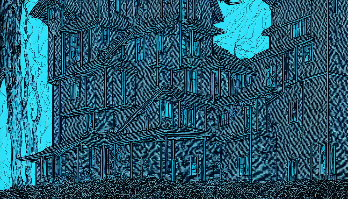 Prompt: blue lit raven lair by dan mumford and peter doig and edward hopper, symmetrical, minimal, black ink, thick lines highly detailed, muted colours 8 k