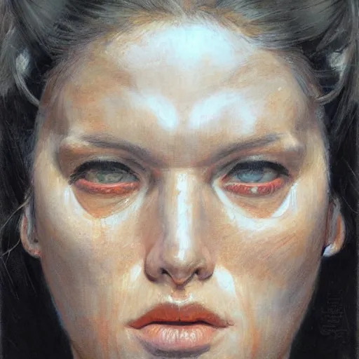 Image similar to frontal portrait of a bulky female survivor in a city, by donato giancola.