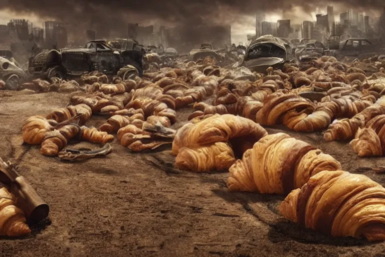 Image similar to croissant graveyard, in a dark and gritty version from the makers of mad max fury road