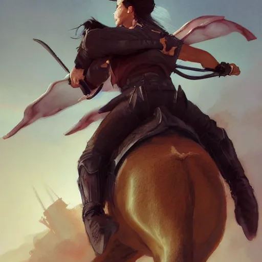 Prompt: a rider on the back of a horse, a storybook illustration by krenz cushart and phil hale, pixiv contest winner, fantasy art, official art, concept art, storybook illustration. detailed masterpiece. symmetrical face.