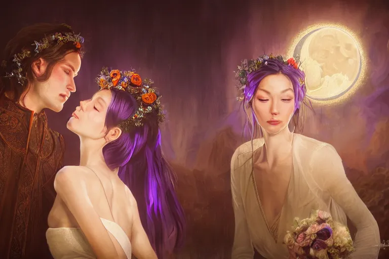 Image similar to a dreamlike cinematic portrait of wedding photograph close up moment of a divine a russian sun god and moon goddess lovers magician at a wedding banquet. portraiture. digital painting. artstation. concept art. fantasy wedding photo. digital painting, 8 k realistic, hyper detailed, violet evergarden art masterpiece by art by krenz cushart