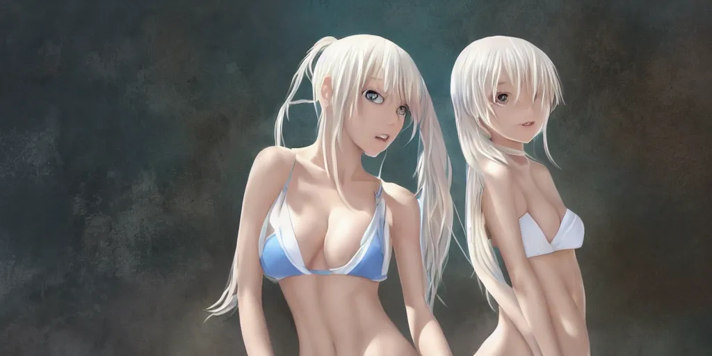 Image similar to tiny father a tall daughter picture : a very beautiful young blond anime girl, sky blue eyes, bikini, white miniskirt, highly detailed, cinematic wallpaper by stanley artgerm lau