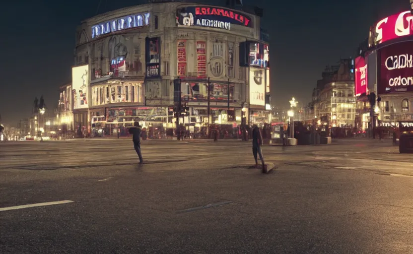 Prompt: a man standing in the middle of piccadilly circus at night, a photorealistic painting by Gregory Crewdson, cgsociety, american scene painting, playstation 5 screenshot, matte painting, cryengine