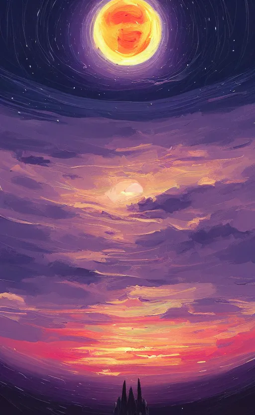 Prompt: a beautiful illustration of the sun king at night, art of alena aenami, featured on artstation, vertical orientation, paint brush strokes, expressionism, brushstroke - laden, breathtaking clouds, birds, ocean, beautiful stars, long exposure, big moon radius, airy midnight theme, blue purple gradient, lens flare