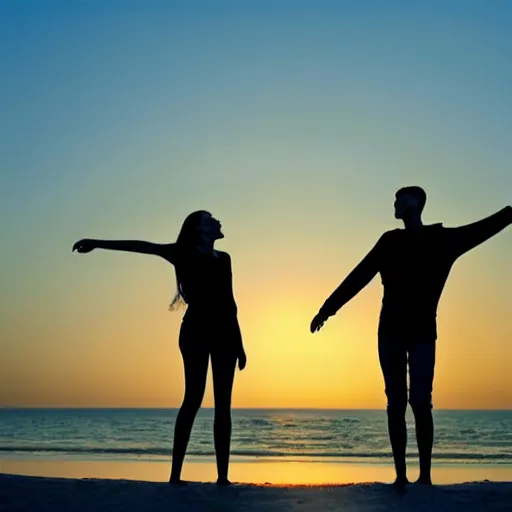 Image similar to Slim silhoutte of a couple on the beach, sunrise, ray tracing, birds in the sky, uplifting mood, happiness, majestic, 16k